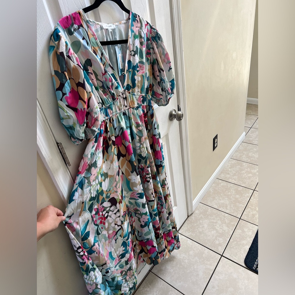 Colorful Floral Maxi Dress with V-Neck Boho Puff Sleeve